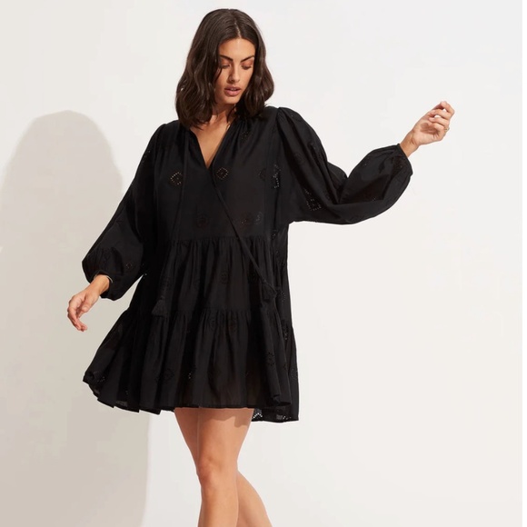 Brand New SeaFolly BeachEdit Embroidery Tiered Dress Black Size S/M Mini Midi - Picture 1 of 9